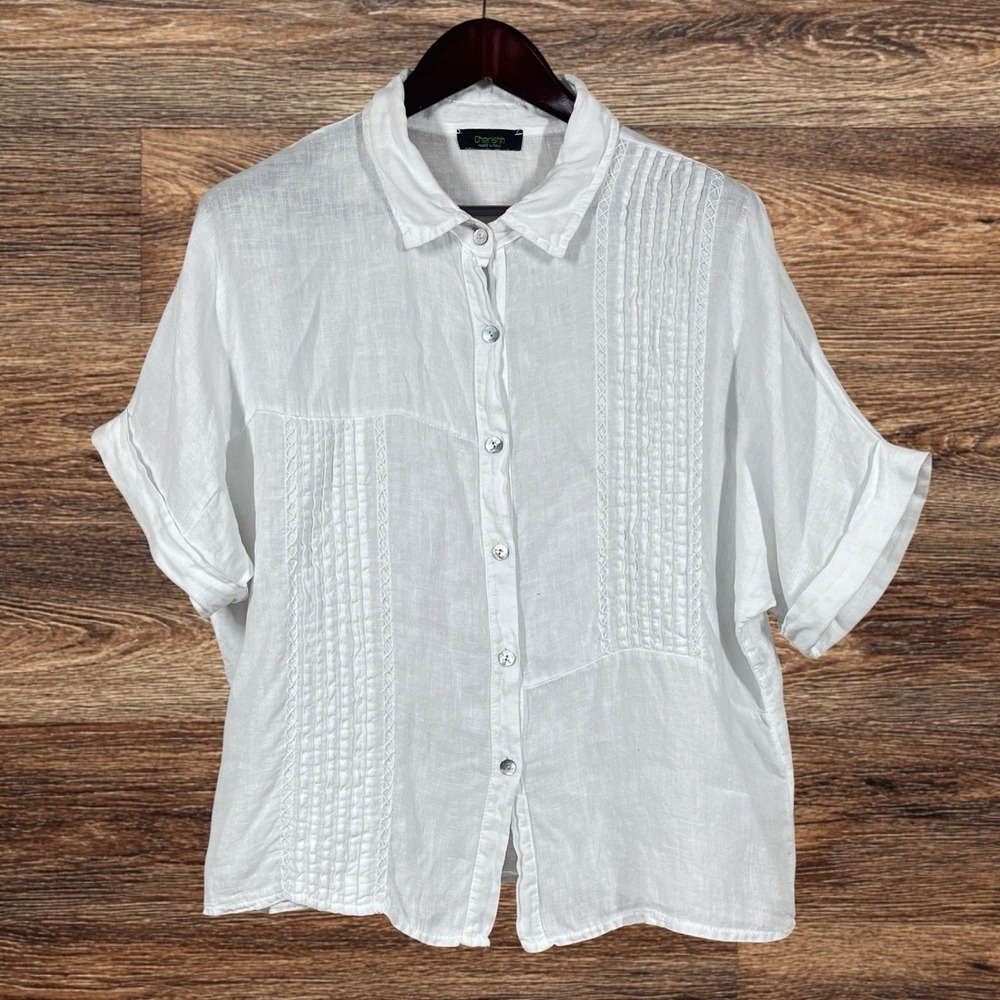 Cherishh 100% Linen Pintuck  Button Up Size S/M White Short Sleeve Relaxed Boxy
